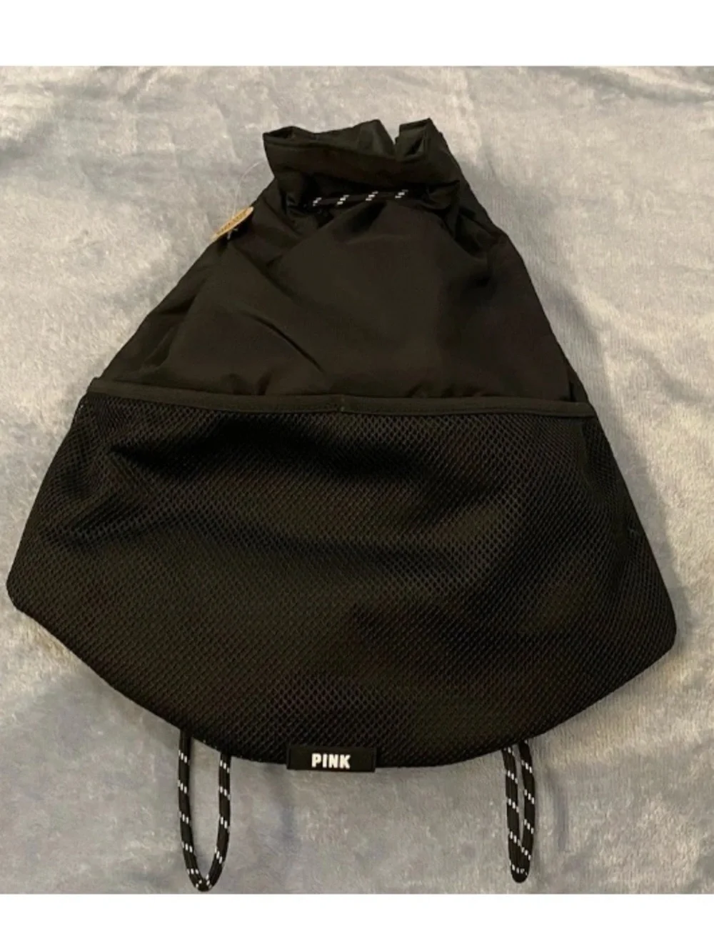 Victorias Secret PINK Solid Black Drawstring Logo Backpack Purse NWOT